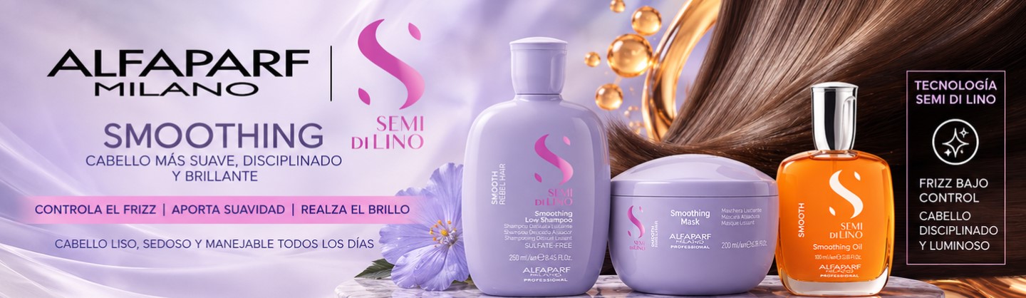 Alfaparf Semi Di Lino Smoothing banner con rutina profesional para cabello con frizz, rebelde y difícil de controlar