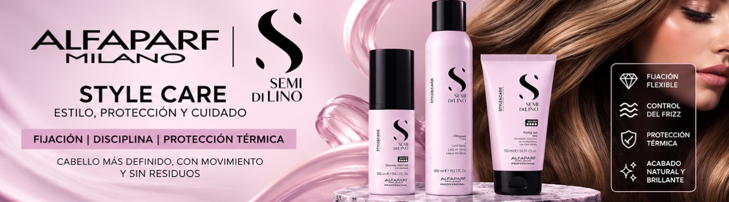 Alfaparf Semi Di Lino Style Care banner con productos profesionales para fijación, control del frizz y protección térmica del cabello