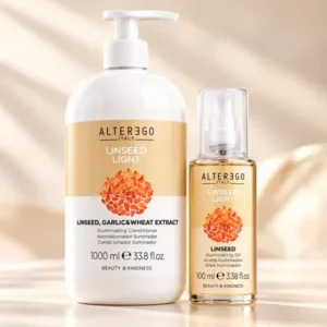 Acondicionador iluminador y aceite capilar Linseed Light de Alter Ego Italy sobre fondo beige suave, para el cuidado y brillo del cabello.