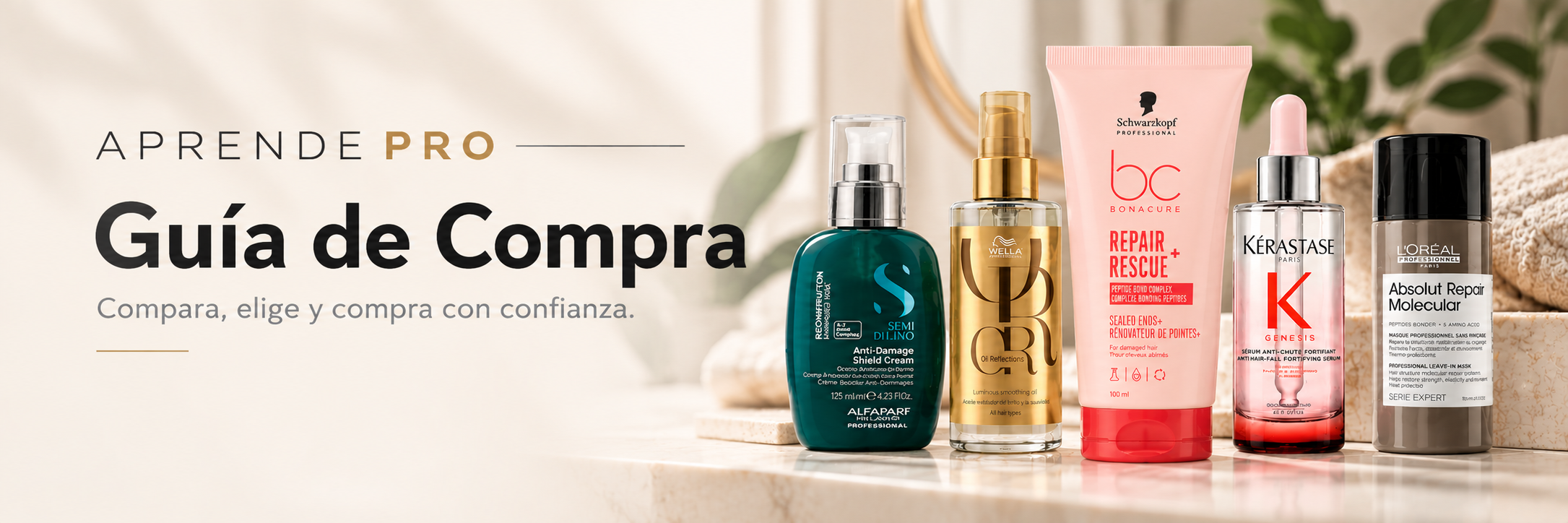 Banner Aprende Pro Guía de Compra con productos capilares de Alfaparf, Wella, Schwarzkopf, Kérastase y L'Oréal Professionnel