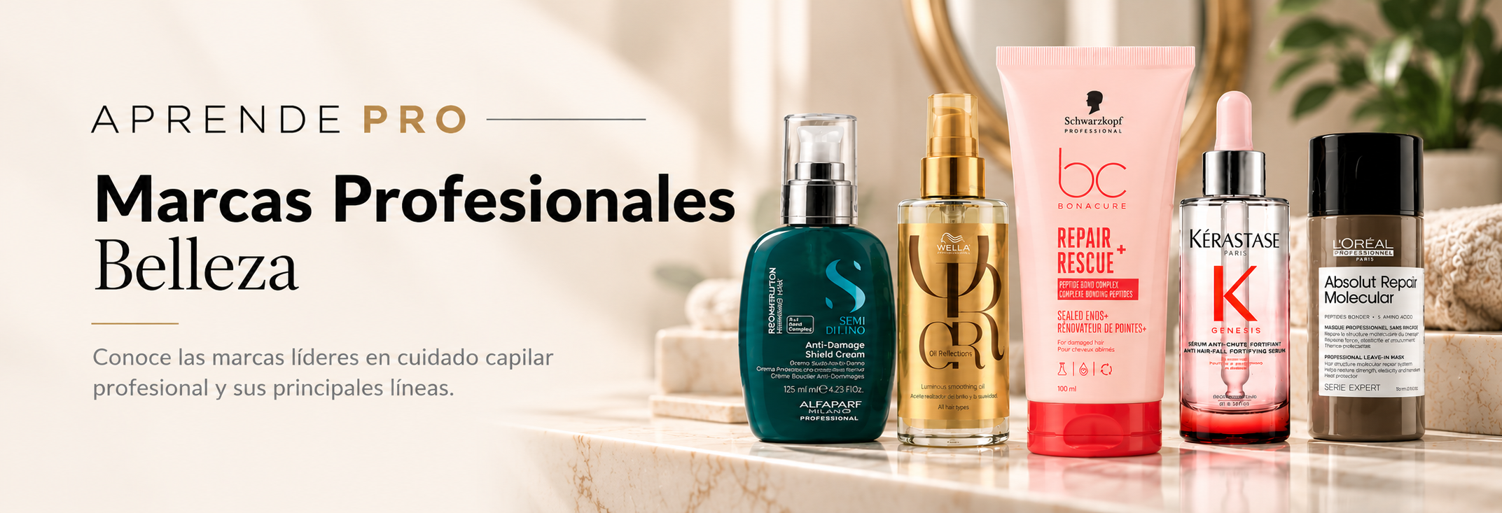 Banner de Marcas Profesionales de Belleza en Aprende Pro con productos Alfaparf, Wella, Schwarzkopf, Kérastase y L'Oréal Professionnel
