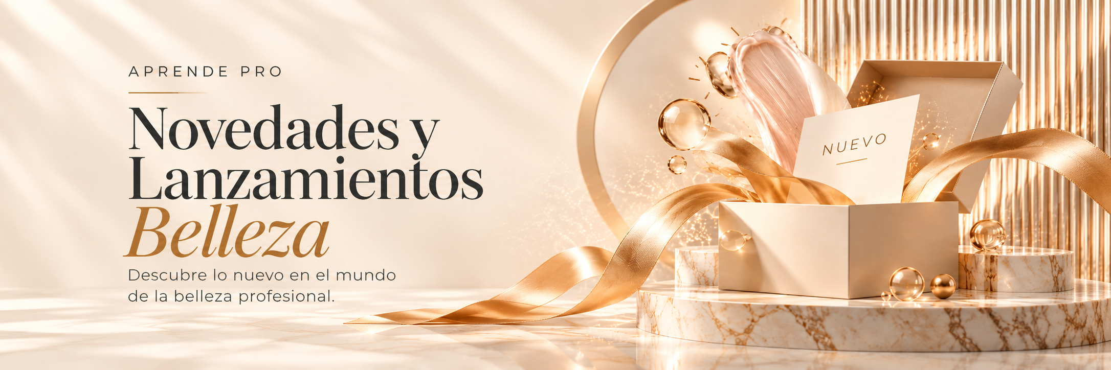 Banner Novedades y Lanzamientos de Belleza de Aprende Pro con caja de regalo premium y detalles dorados
