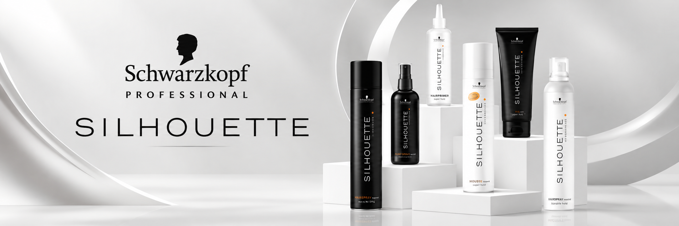 Banner Schwarzkopf Professional Silhouette con productos profesionales de fijación y peinado para el cabello, lacas, sprays, espumas y geles.
