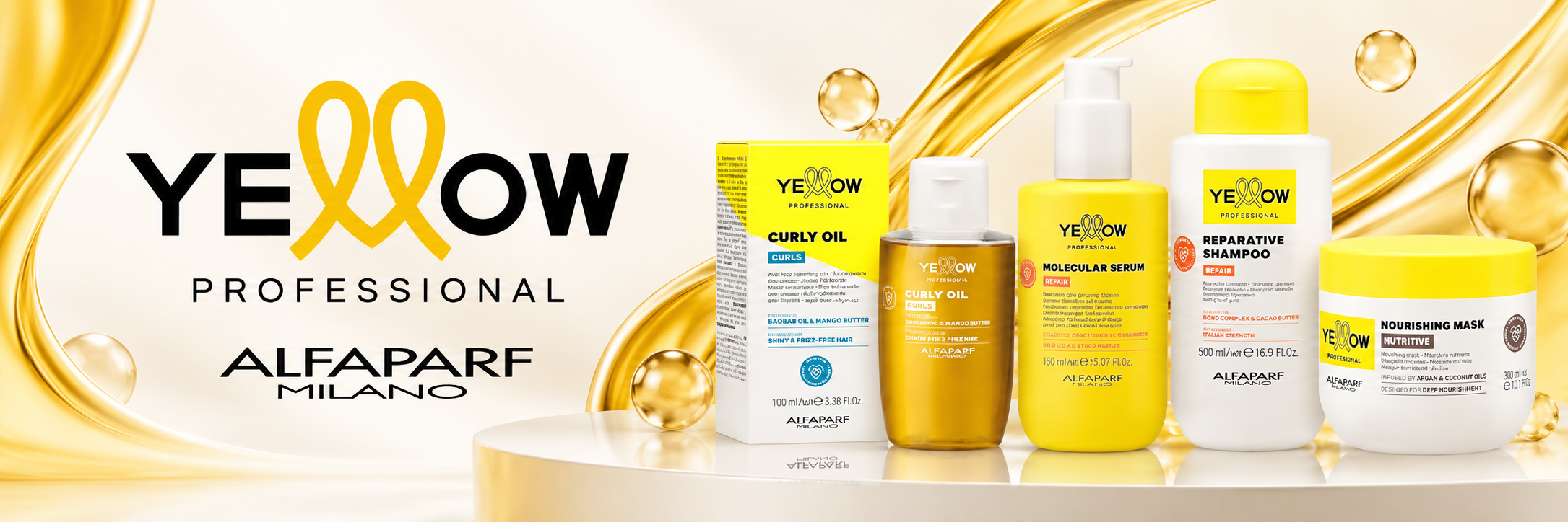 Yellow Professional de Alfaparf Milano: productos Curly Oil, Molecular Serum, Reparative Shampoo y Nourishing Mask para el cuidado profesional del cabello.