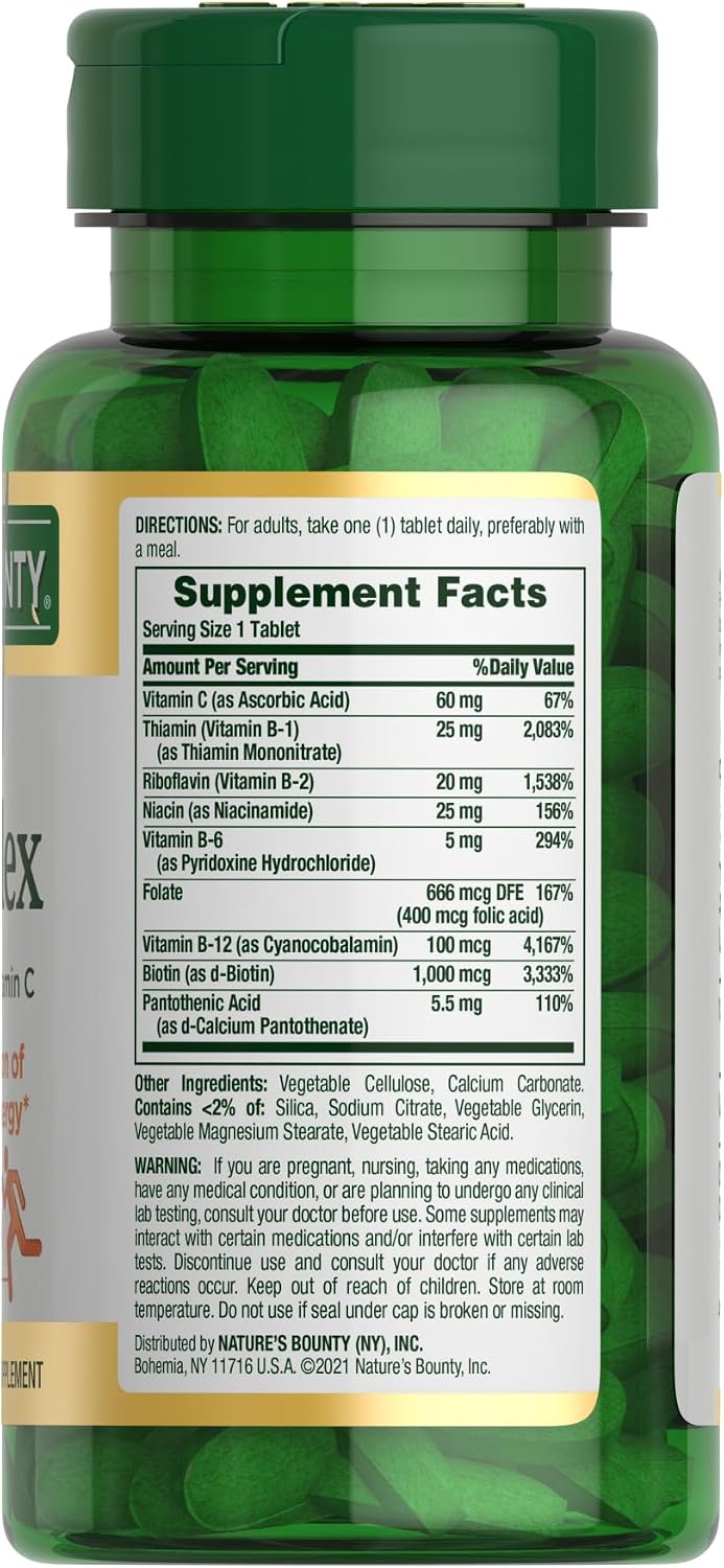 COMPLEJO B NATURE'S BOUNTY SUPER B-COMPLEX CON ÁCIDO FÓLICO Y VITAMINA C X 150 TABLETAS 3 Tabla Nutricional Del Complejo B Nature'S Bounty Super B-Complex: Vitaminas B1, B2, B3, B6, B12, Ácido Fólico, Biotina Y Vitamina C