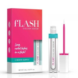 Sérum de Pestañas fLASH Eyelash Serum 2ml caja y aplicador sobre fondo blanco