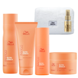 Kit completo Wella Nutri-Enrich: shampoo, acondicionador, Wonder Balm y mascarilla con cosmetiquera y aceite Oil Reflections de obsequio