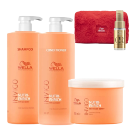 Kit Wella Invigo Nutri-Enrich Litro: shampoo 1000 ml, acondicionador 1 L y mascarilla 500 ml con cosmetiquera y aceite Oil Reflections de obsequio
