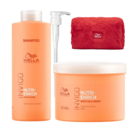 Kit Wella Nutri-Enrich shampoo 1000 ml y mascarilla 500 ml para cabello seco con cosmetiquera Wella