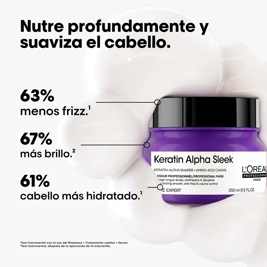 MASCARILLA L'ORÉAL PROFESSIONNEL KERATIN ALPHA SLEEK ANTIFRIZZ 250 ML 2 Vista 2 De Mascarilla Keratin Alpha Sleek L'Oréal Professionnel Para Cabello Con Frizz