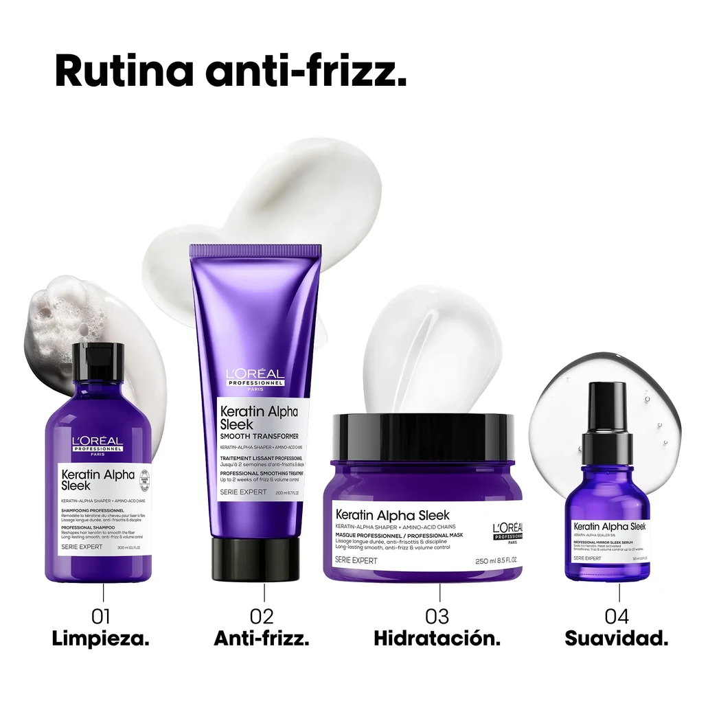MASCARILLA L'ORÉAL PROFESSIONNEL KERATIN ALPHA SLEEK ANTIFRIZZ 250 ML 5 Vista 5 De Mascarilla Keratin Alpha Sleek L'Oréal Professionnel Para Cabello Con Frizz