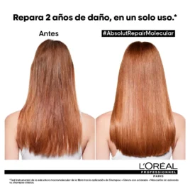 Antes y después de usar Leave-in Absolut Repair Molecular L'Oréal Professionnel en cabello dañado