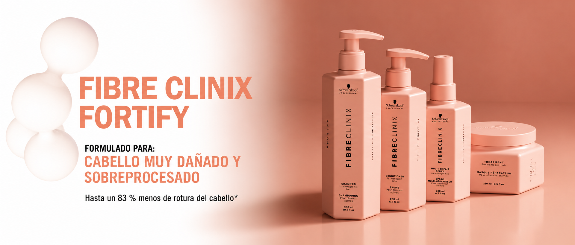 Banner Fibre Clinix Fortify de Schwarzkopf Professional con shampoo, acondicionador, spray y mascarilla para cabello dañado