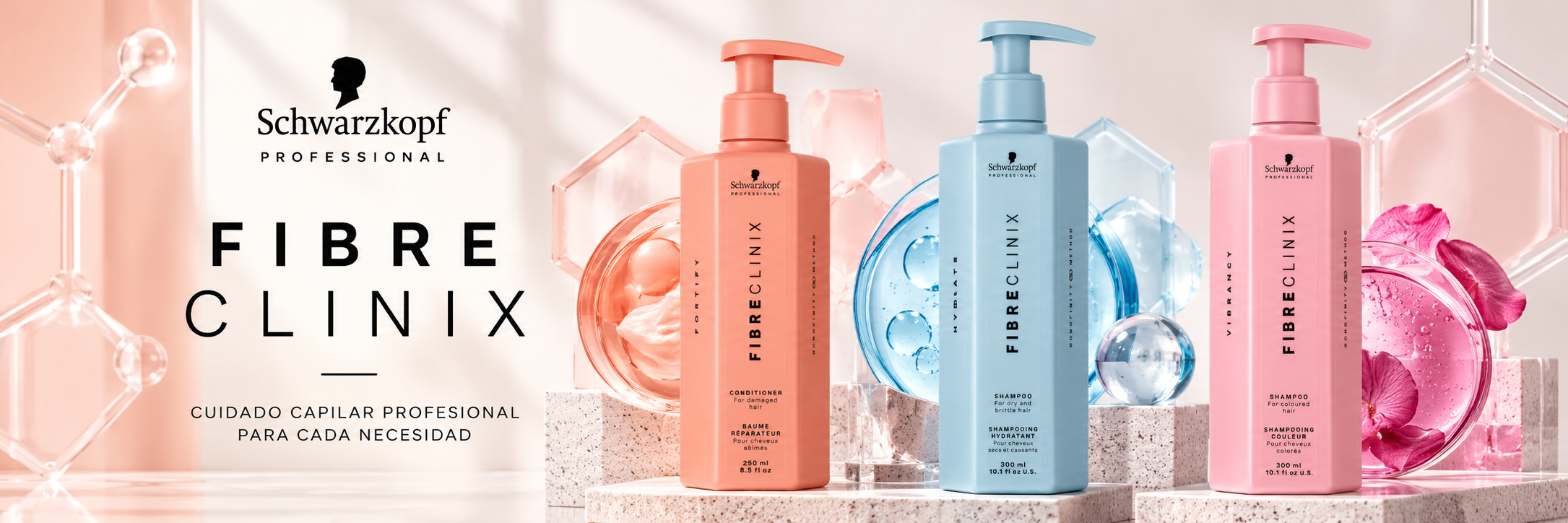 Schwarzkopf Professional Fibre Clinix con shampoo Hydrate, shampoo Vibrancy y acondicionador Fortify para el cuidado profesional del cabello.