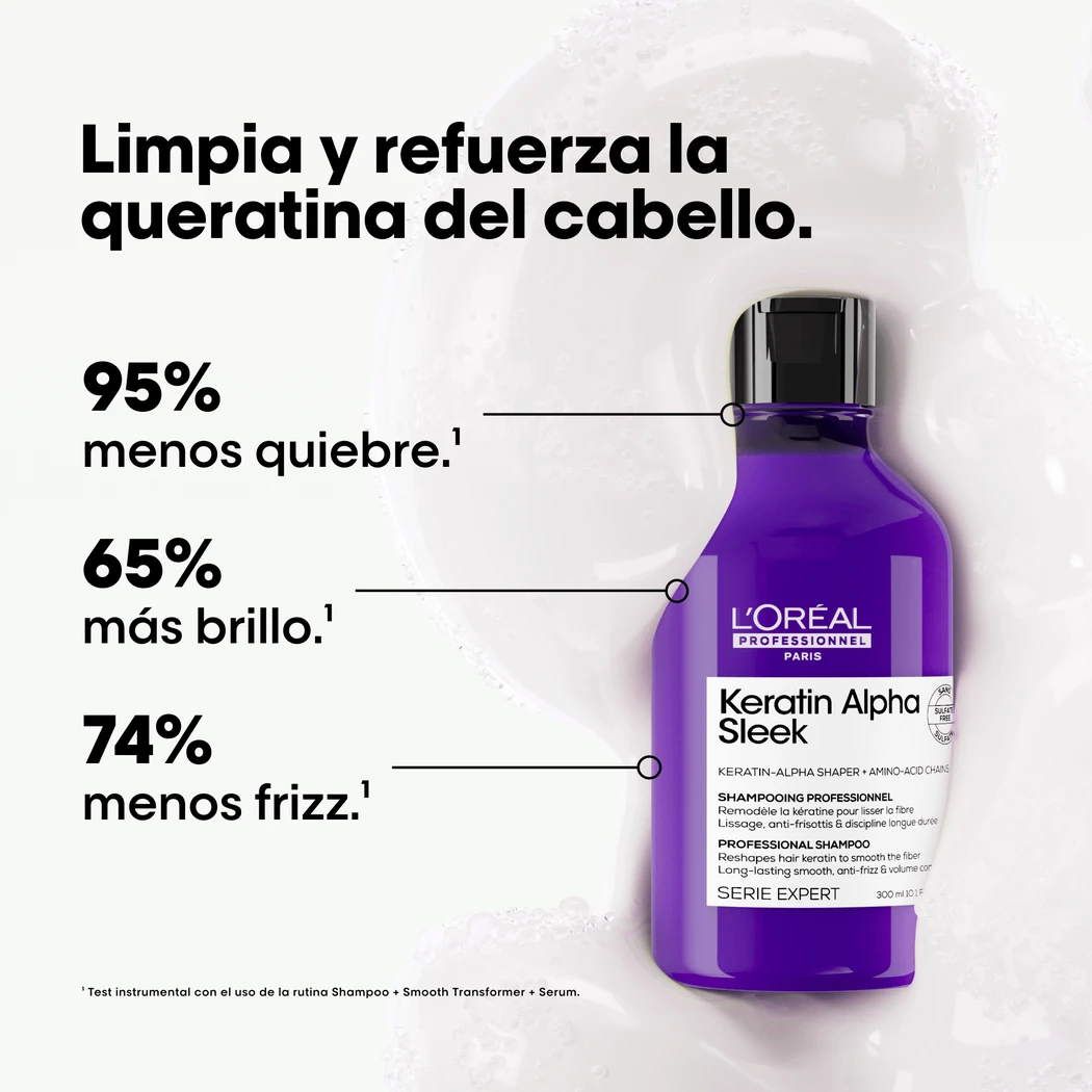 SHAMPOO L'ORÉAL PROFESSIONNEL KERATIN ALPHA SLEEK ANTIFRIZZ 300 ML 2 Vista 2 De Shampoo Keratin Alpha Sleek L'Oréal Professionnel Para Cabello Con Frizz
