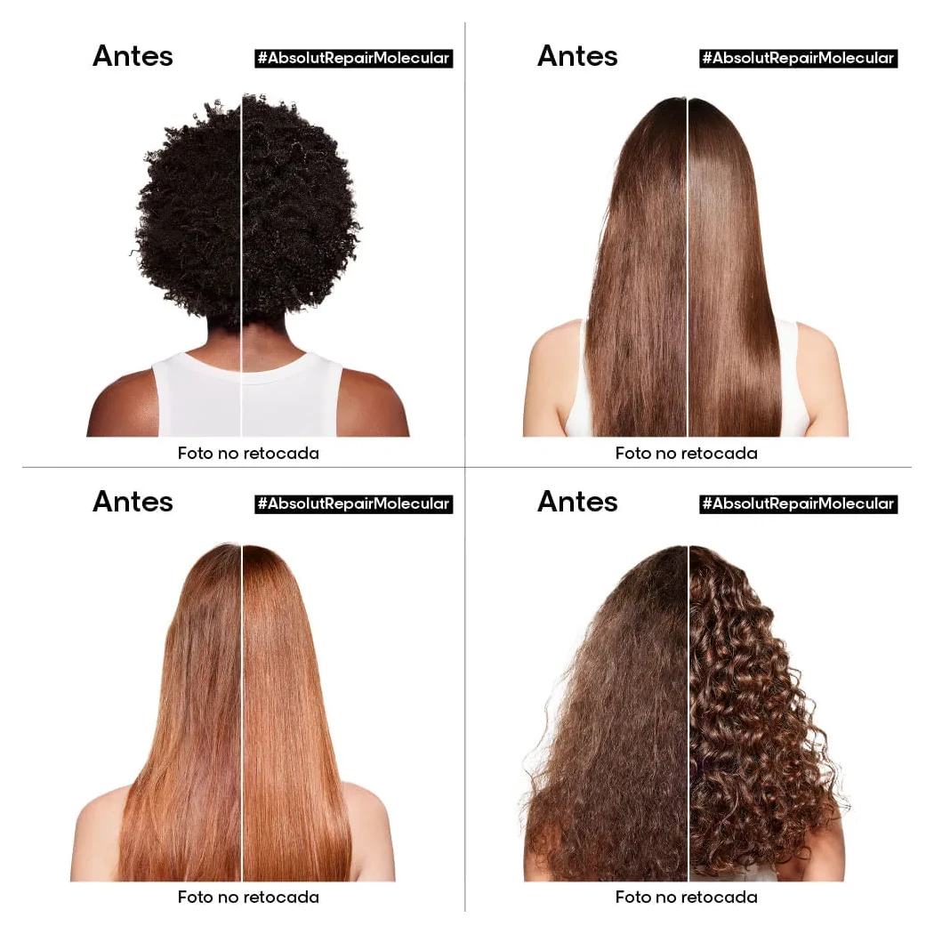 SHAMPOO L'ORÉAL PROFESSIONNEL ABSOLUT REPAIR MOLECULAR REPARADOR 300 ML 2 Antes Y Después De Usar Shampoo Absolut Repair Molecular L'Oréal Professionnel En Cabello Dañado