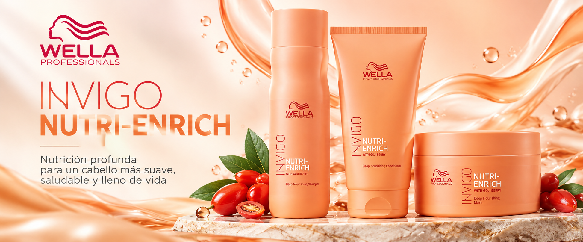 Wella Professionals INVIGO Nutri-Enrich con shampoo, acondicionador y mascarilla para nutrición del cabello seco. Copiar